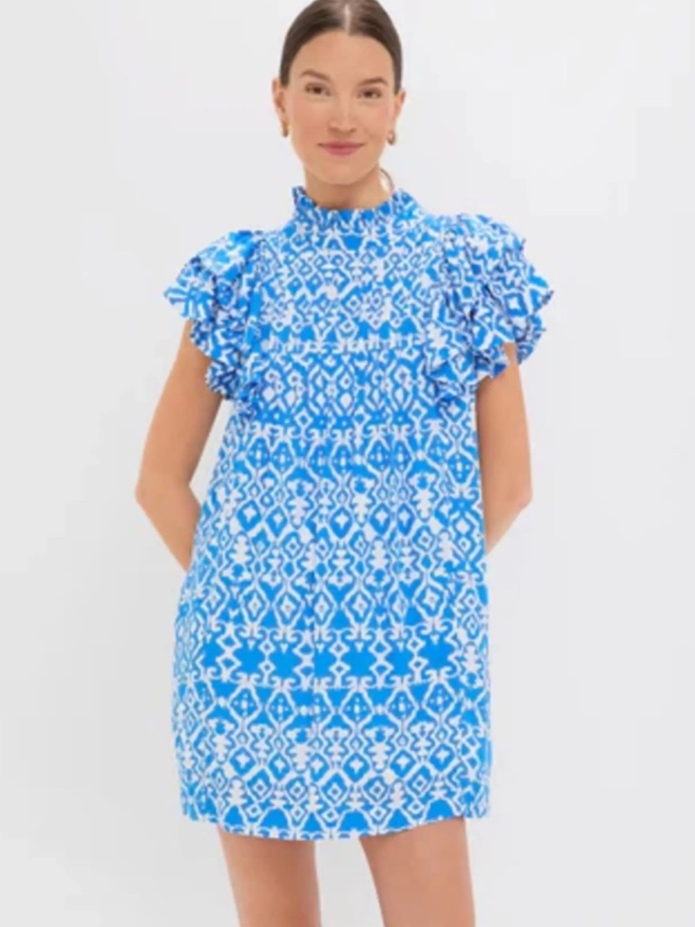 Hyacinth House Geo Ruffle Sleeve Simmons Mini Dress in Blue and White Size M